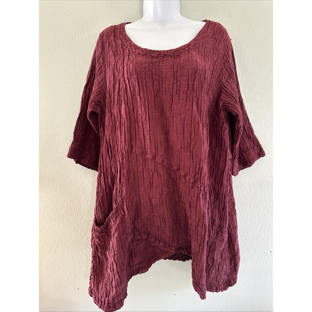 Grizas Crinkled Silk Linen Blouse Lagenlook Tunic Burgundy Oversized size L